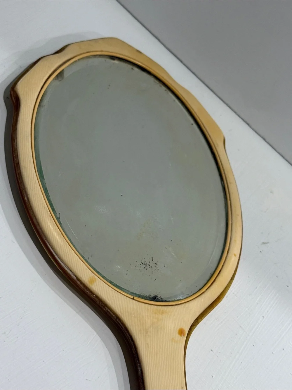 Vintage Antique Art Deco French Vanity Cream Hand Mirror with Black Accent 1920s